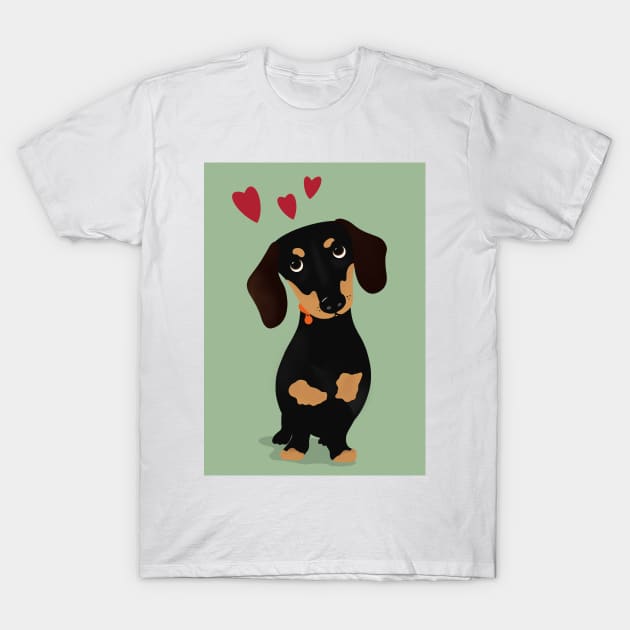 Cute Cartoon Dachshund with Three Red Hearts T-Shirt by NattyDesigns